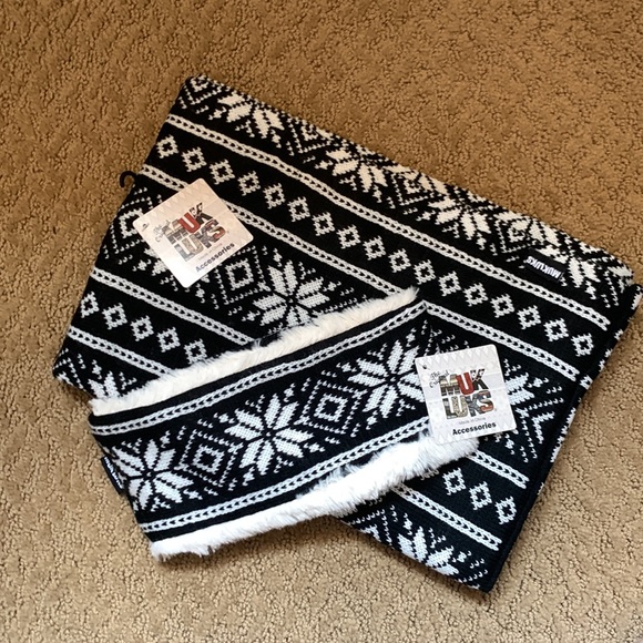 MUK LUKS Black Snowflake Nordic Headband and Wide Infinity Scarf NEW - Picture 1 of 8